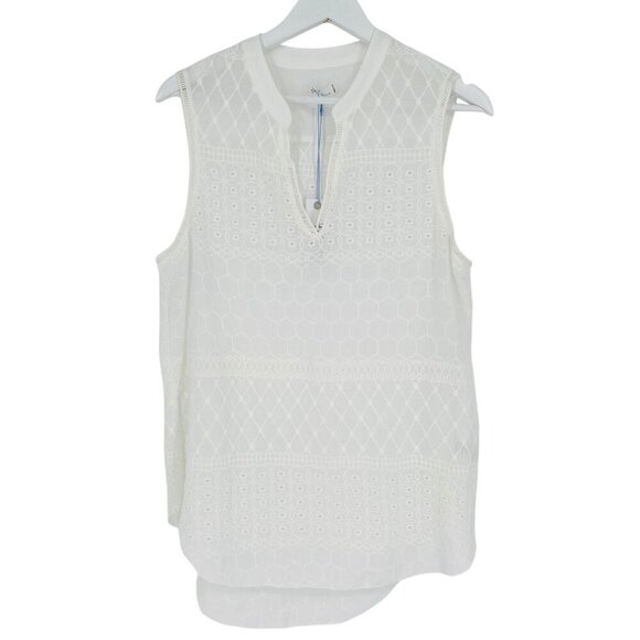 GF Collection Tank Top Off White Embroidered Eyelet Sheer High Low V-Neck Size M - Picture 15 of 15